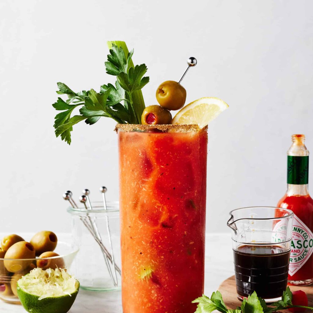 Bloody Mary cocktail with celery garnish