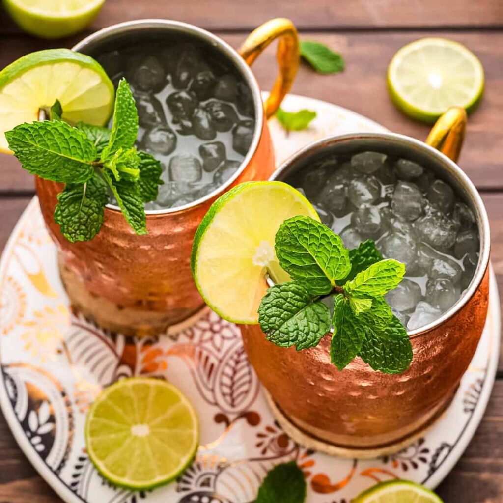 Moscow Mule cocktail served in a copper mug with lime garnish
