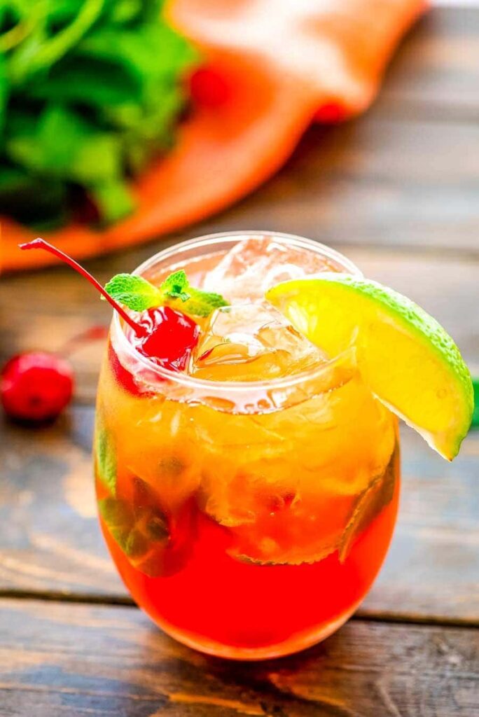 Mai Tai cocktail with mint and lime garnish