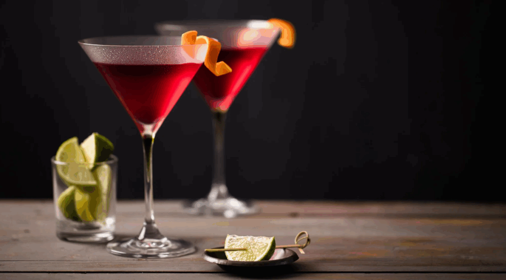 Cosmopolitan cocktail with lime twist garnish