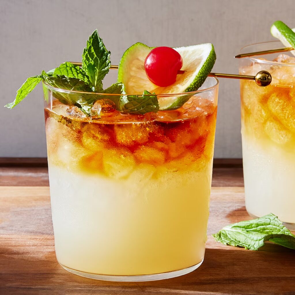 Mai Tai cocktail in tiki glass with mint and lime garnish