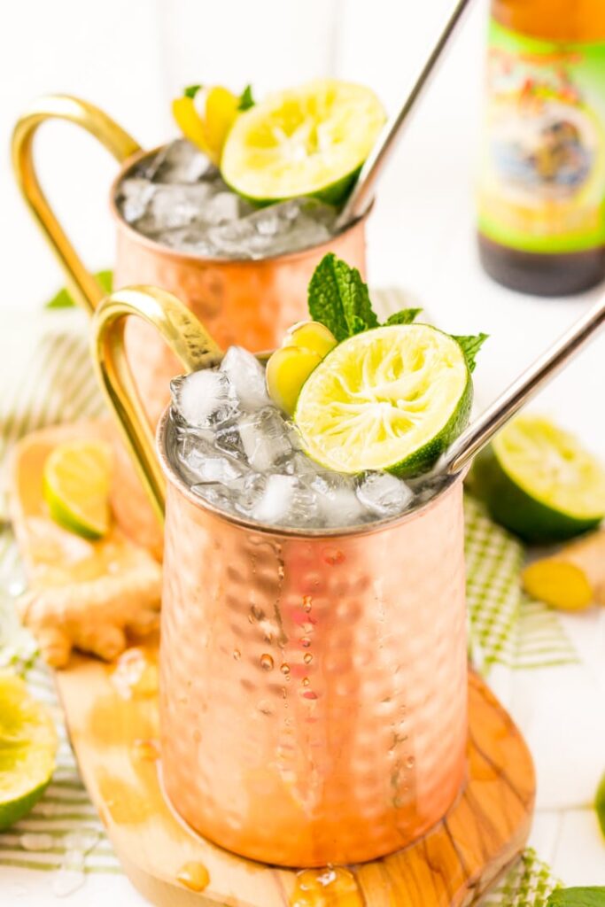 Moscow Mule cocktail served in a copper mug with lime garnish
