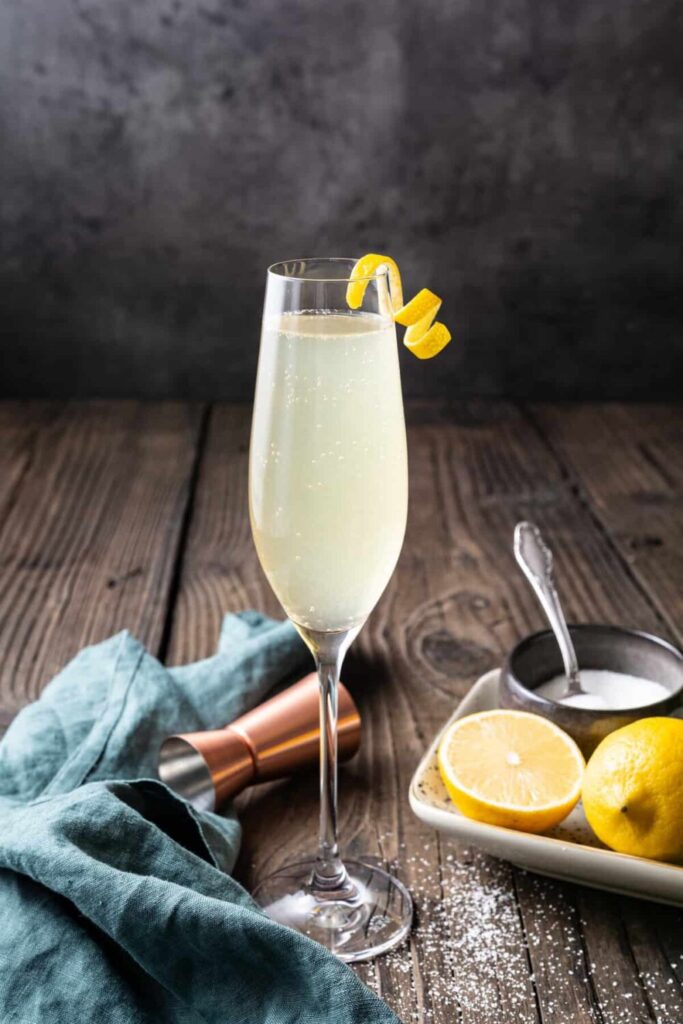 French 75 cocktail with lemon twist