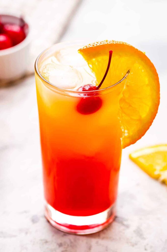 Tequila Sunrise cocktail with tequila, orange juice, and grenadine