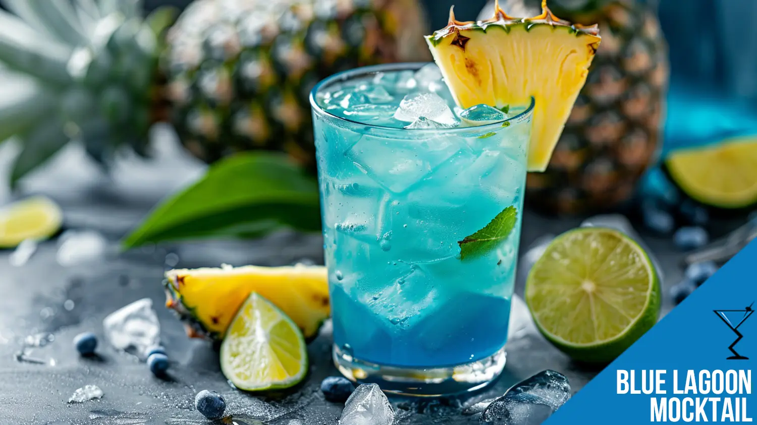 Blue Lagoon cocktail with lemon garnish