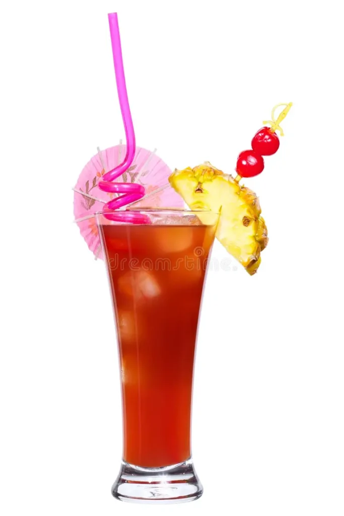 Singapore Sling cocktail with cherry and pineapple garnish
